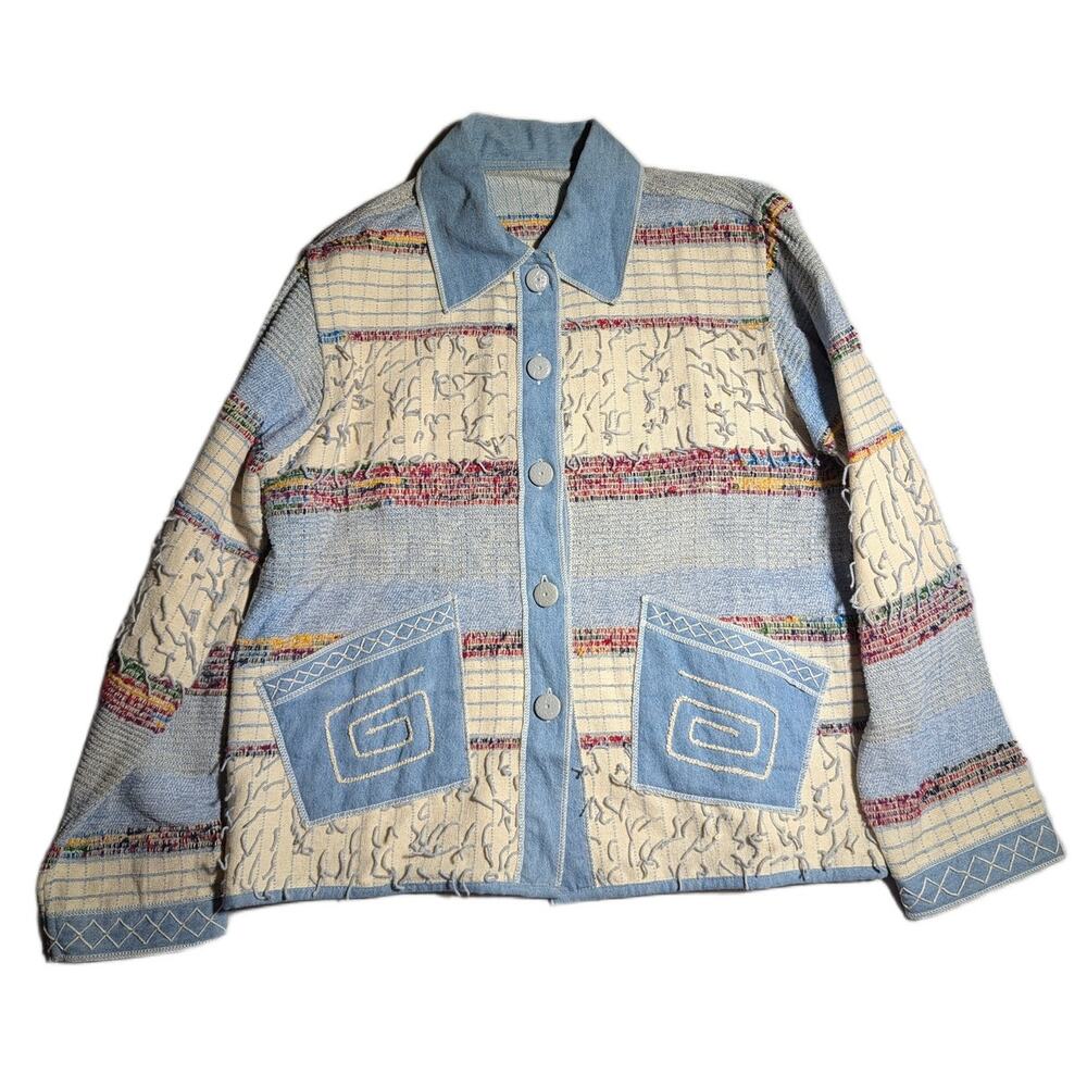Vtg Y2K Yak Magik Blue Ivory Reversible Fringe Trim0 Blanket Woven Jacket S